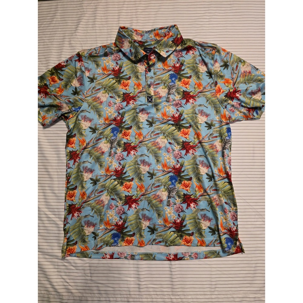 1227 Con.Struct Mens XXL Tropical Bird Floral Quick Dry Performa Polo Shirt Blue